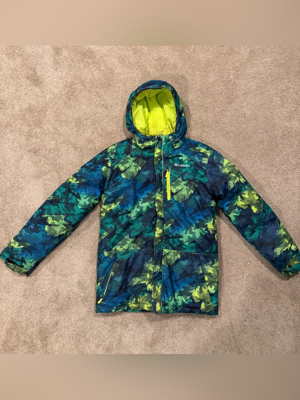 Columbia Boys L 14/16 Camo Hooded Winter Ski Jacket Blue Green